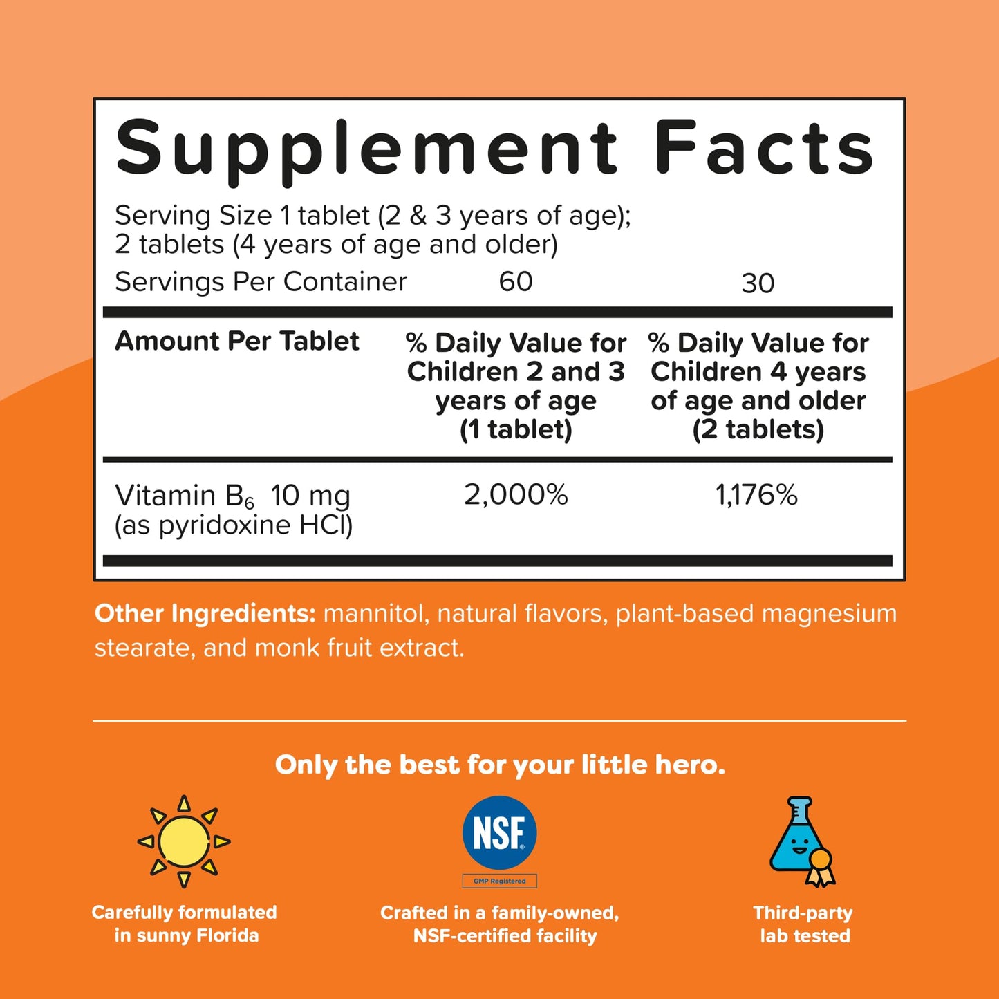 Renzo's Bright & Brainy Vitamin B6 for Kids - 60 Sugar-Free Melty Tabs, Orange