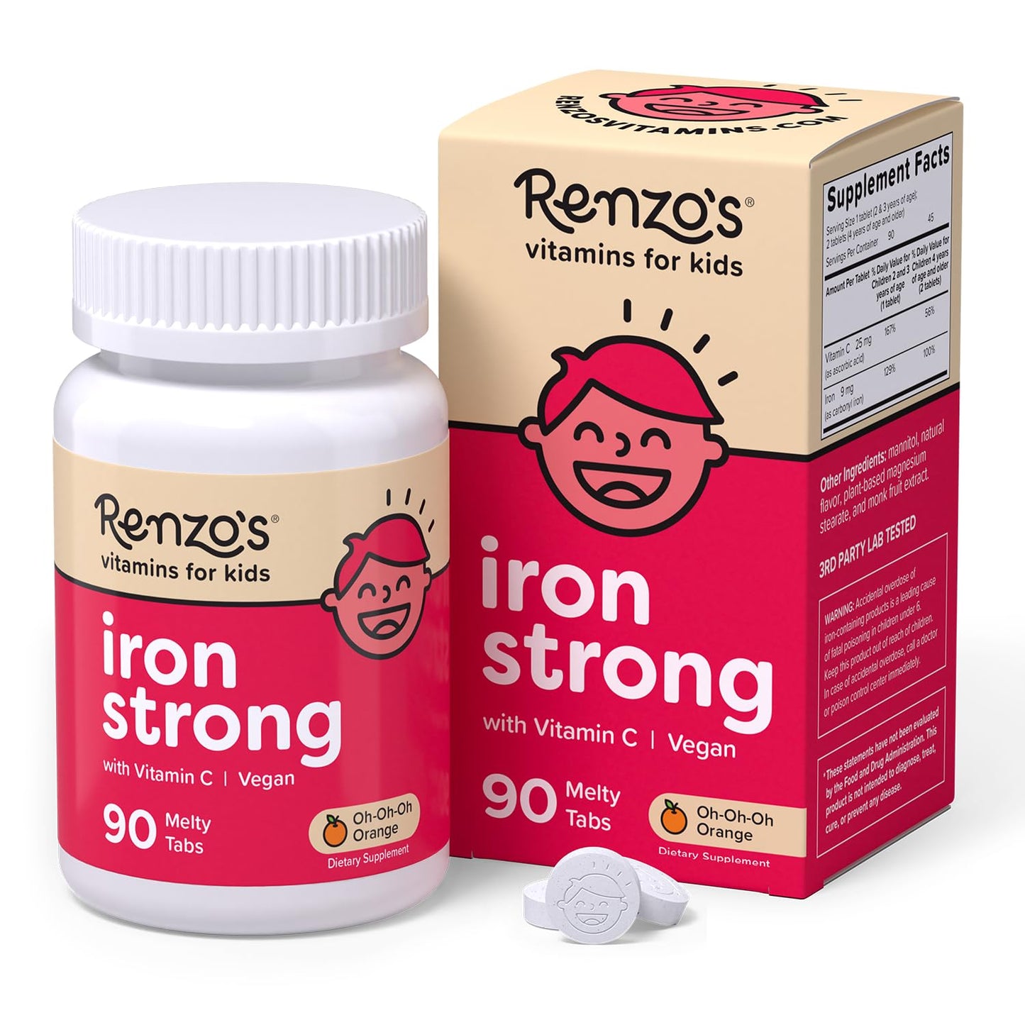 Renzo's Kids Iron Supplements – Dissolvable Vegan Iron with Vitamin C, Sugar Free, Orange, 90 Melty Tabs