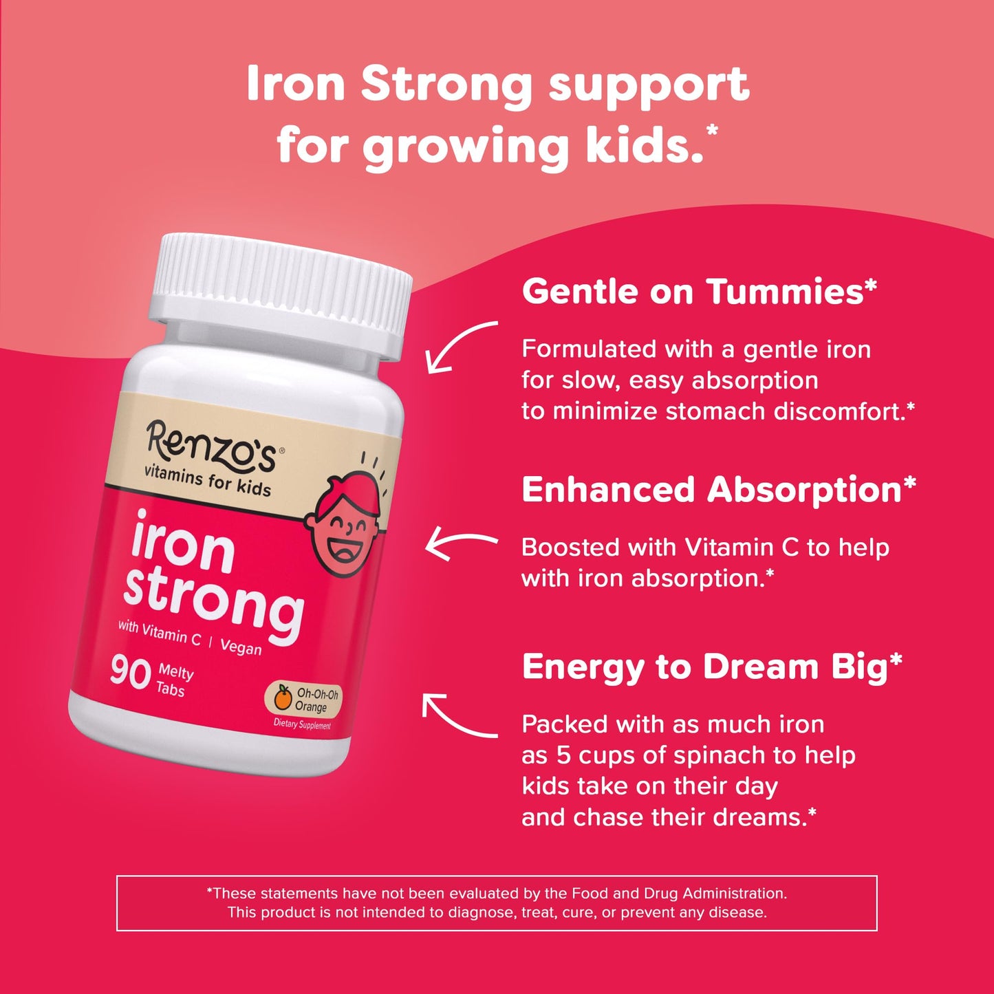 Renzo's Kids Iron Supplements – Dissolvable Vegan Iron with Vitamin C, Sugar Free, Orange, 90 Melty Tabs