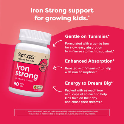 Renzo's Kids Iron Supplements – Dissolvable Vegan Iron with Vitamin C, Sugar Free, Orange, 90 Melty Tabs