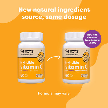 Renzo's Invincible Vitamin C for Kids with Elderberry & Zinc – 60 Melty Tabs