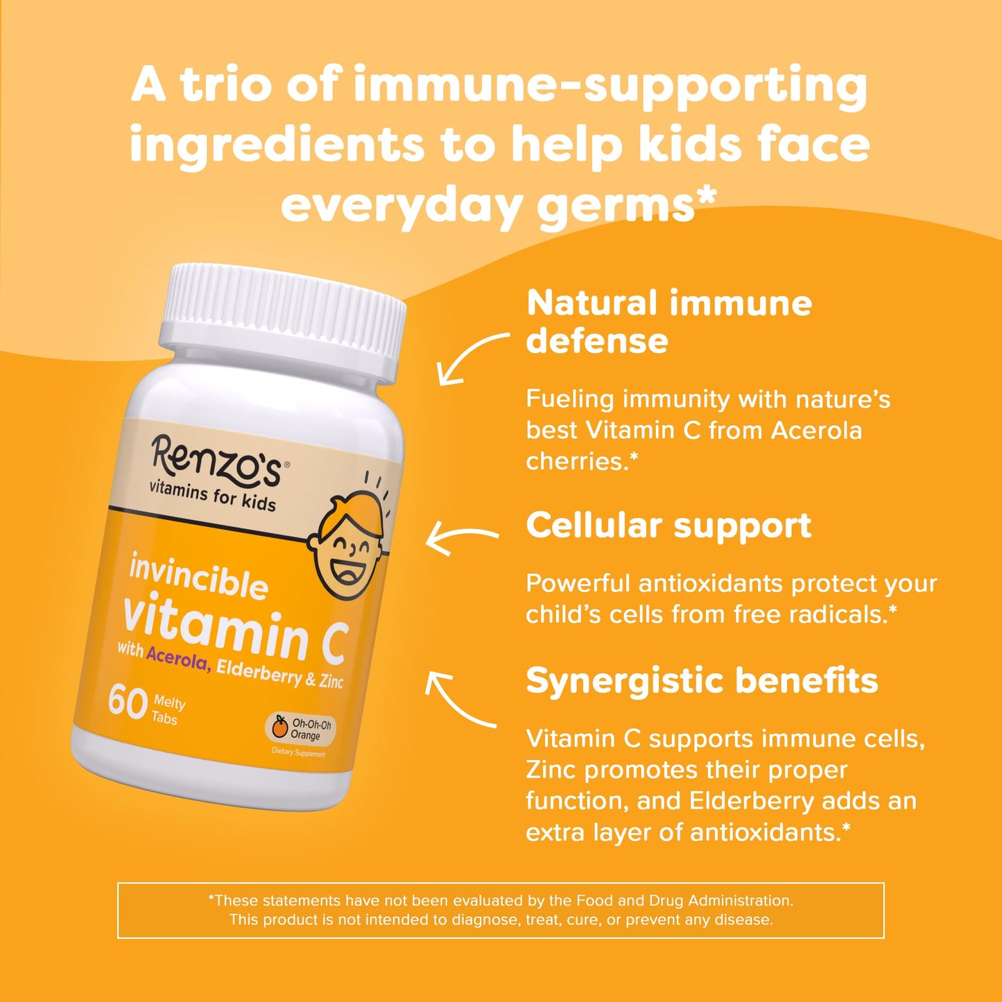 Renzo's Invincible Vitamin C for Kids with Elderberry & Zinc – 60 Melty Tabs