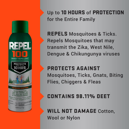 Repel 100 Insect Repellent – 4 oz, 98% DEET, 10-Hour Protection (Aerosol)