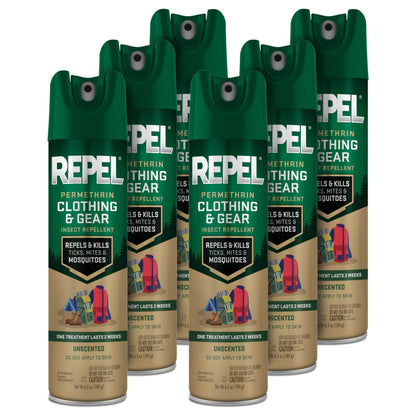 Repel Permethrin Clothing & Gear Insect Repellent – Aerosol Spray, 6.5 fl oz, Pack of 6
