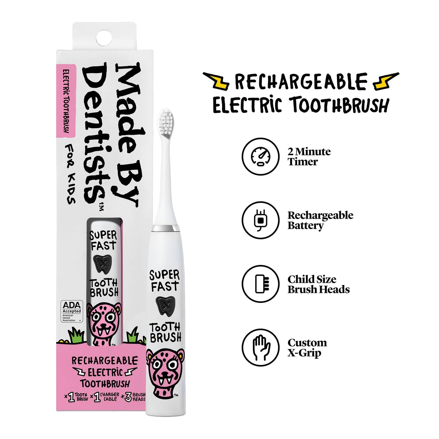 Made by Dentists Kids Electric Toothbrush – Rechargeable, 6 Replacement Heads (Cheetah)