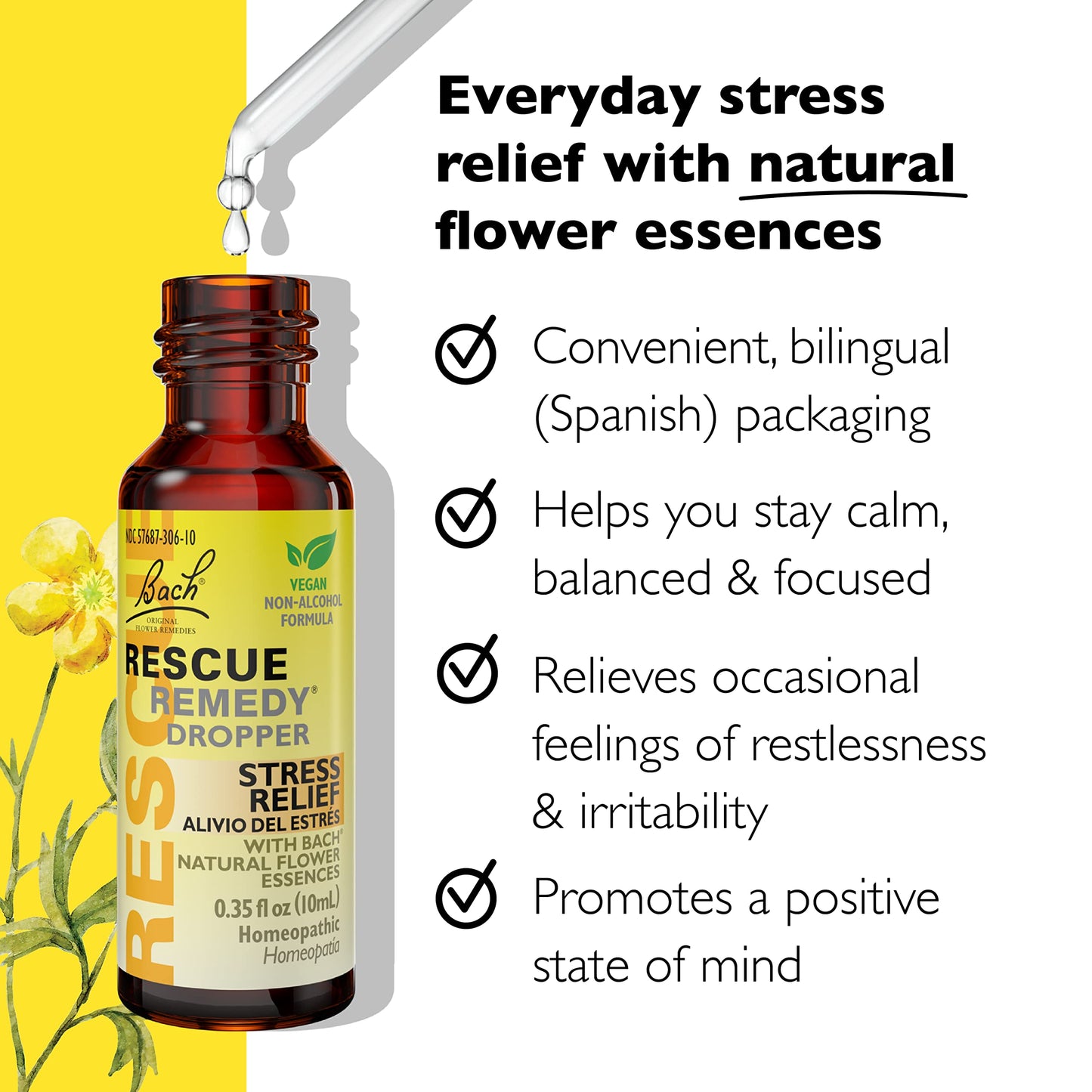 RESCUE Bach Remedy Dropper 10mL – Natural Stress Relief, Vegan, Non-Alcohol Formula