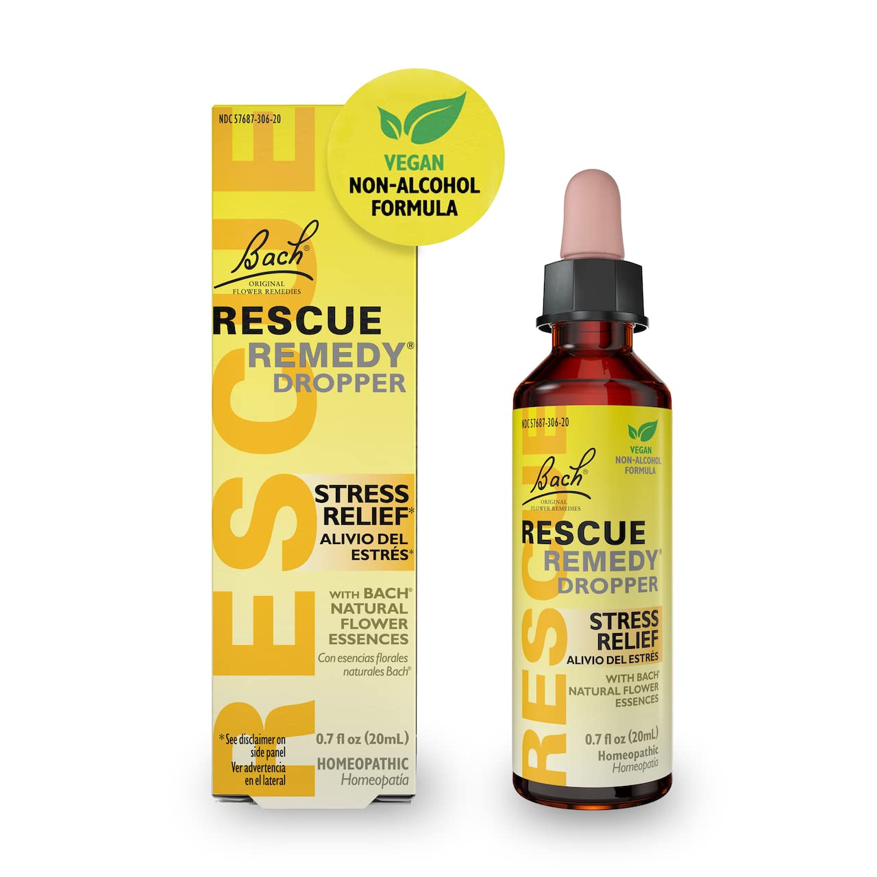 RESCUE Bach Remedy Dropper 20mL - Natural Stress Relief, Homeopathic Flower Essence, Vegan, Gluten & Sugar-Free, Non-Alcohol Formula