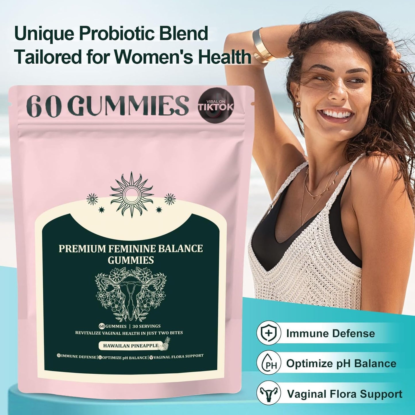 Premium Feminine Balance Gummies for Women | Pineapple Flavor, Gluten-Free, 60 Gummies