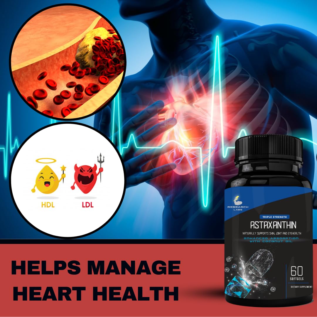 Research Labs Astaxanthin 12mg Softgels + Organic Coconut Oil – 120 Total | Eye, Heart & Joint Support