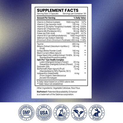 Research Verified Eye Health - Nourish and Protect Eyes and Vision, Support Healthy Retina, Improve Blood Supply to Eyes - Vitamins A, B, C, and E - 180 Capsules - 3 Month Supply - Made in The USA
