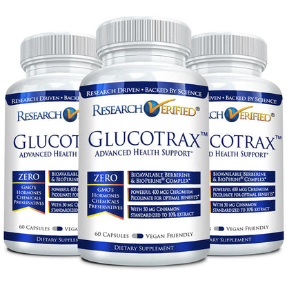 Research Verified Glucotrax - Berberine, Cinnamon, Gymnema | 3 Month Supply, 180 Capsules