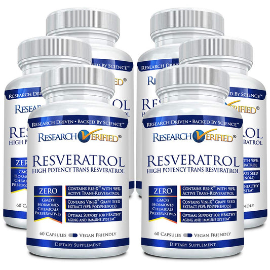 Research Verified Resveratrol - 98% Trans-Resveratrol 1000 mg, 60 Capsules per Bottle - 6 Bottles BritishVita | Premium UK Vitamins & Wellness Supplements