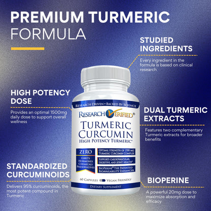 Research Verified Turmeric Curcumin 1500mg + BioPerine | Vegan, Made in USA, 360 Capsules