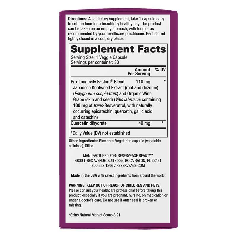 Reserveage Beauty Resveratrol 100 mg – Antioxidant for Heart Health, Cellular Health, and Healthy Aging | 30 Capsules, Paleo & Keto