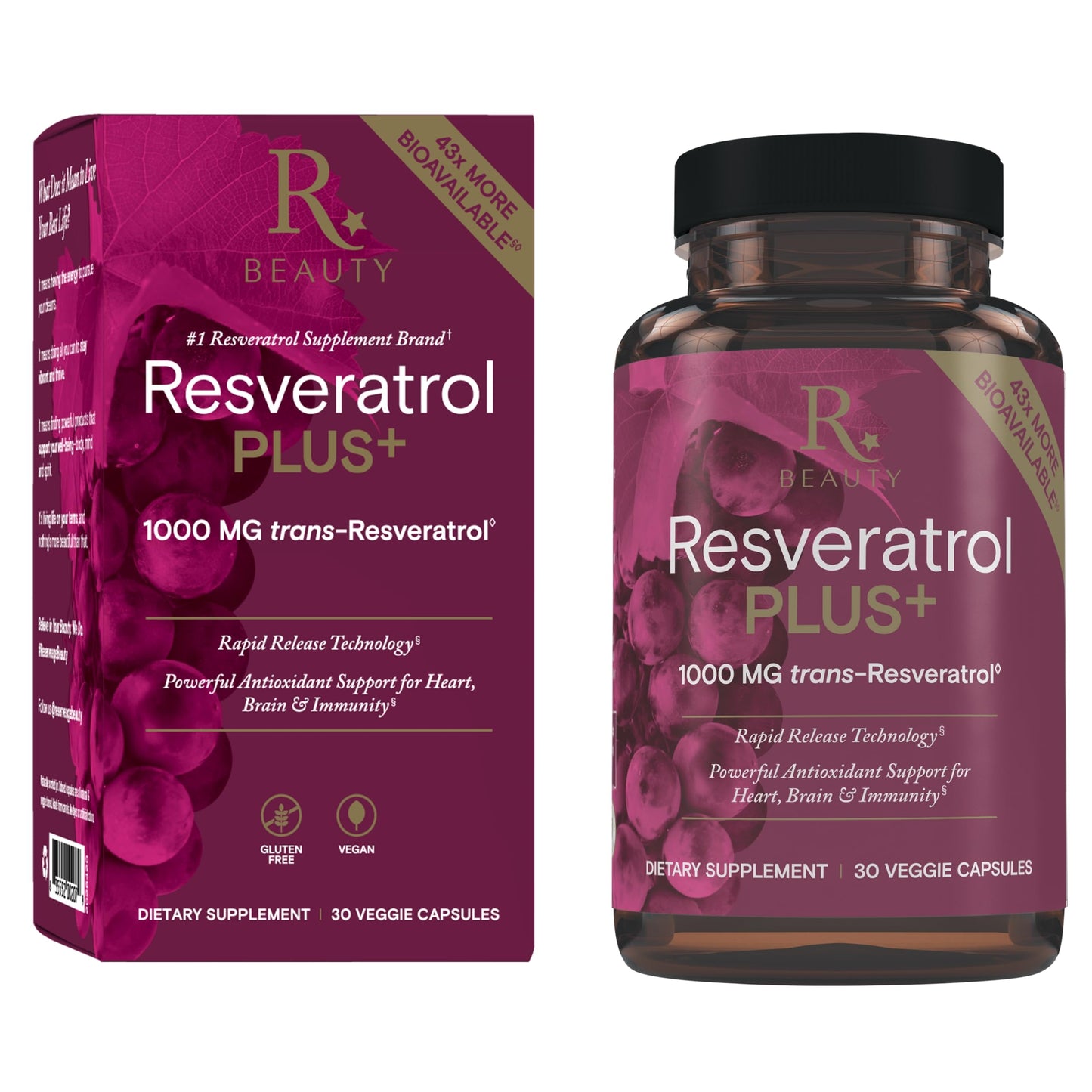 Reserveage Beauty Resveratrol Plus+ 1000 mg – Vegan, Gluten-Free Rapid-Release Capsules with Quercetin