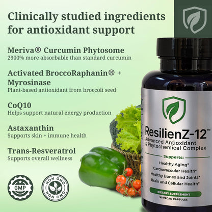 ResilienZ-12 Antioxidants Supplement – 12-in-1 Phytonutrient Complex with Meriva Curcumin Phytosome, Vitamin C, Sulforaphane, Astaxanthin, EGCG Green Tea, CoQ10 & Quercetin – 90 Vegan Capsules