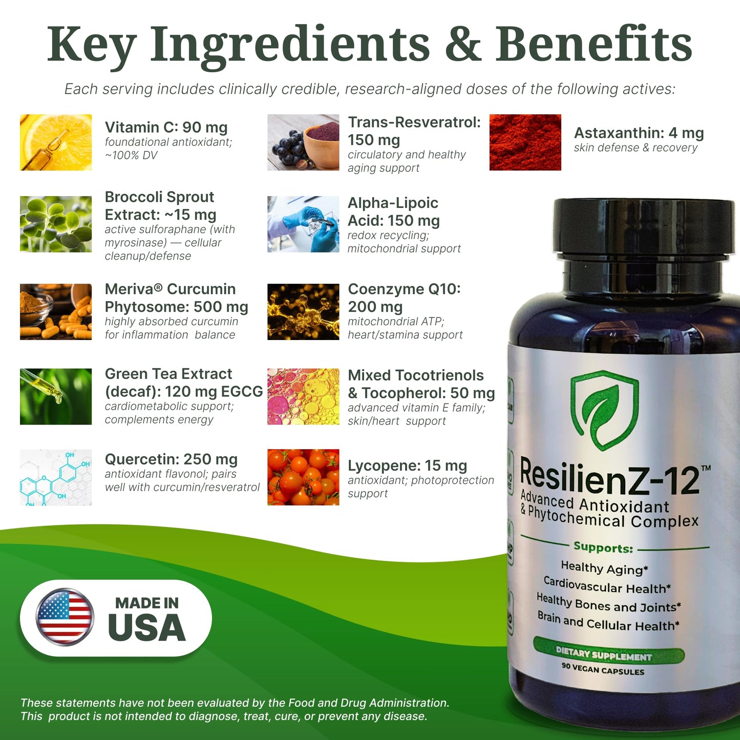ResilienZ-12 Antioxidants Supplement – 12-in-1 Phytonutrient Complex with Meriva Curcumin Phytosome, Vitamin C, Sulforaphane, Astaxanthin, EGCG Green Tea, CoQ10 & Quercetin – 90 Vegan Capsules