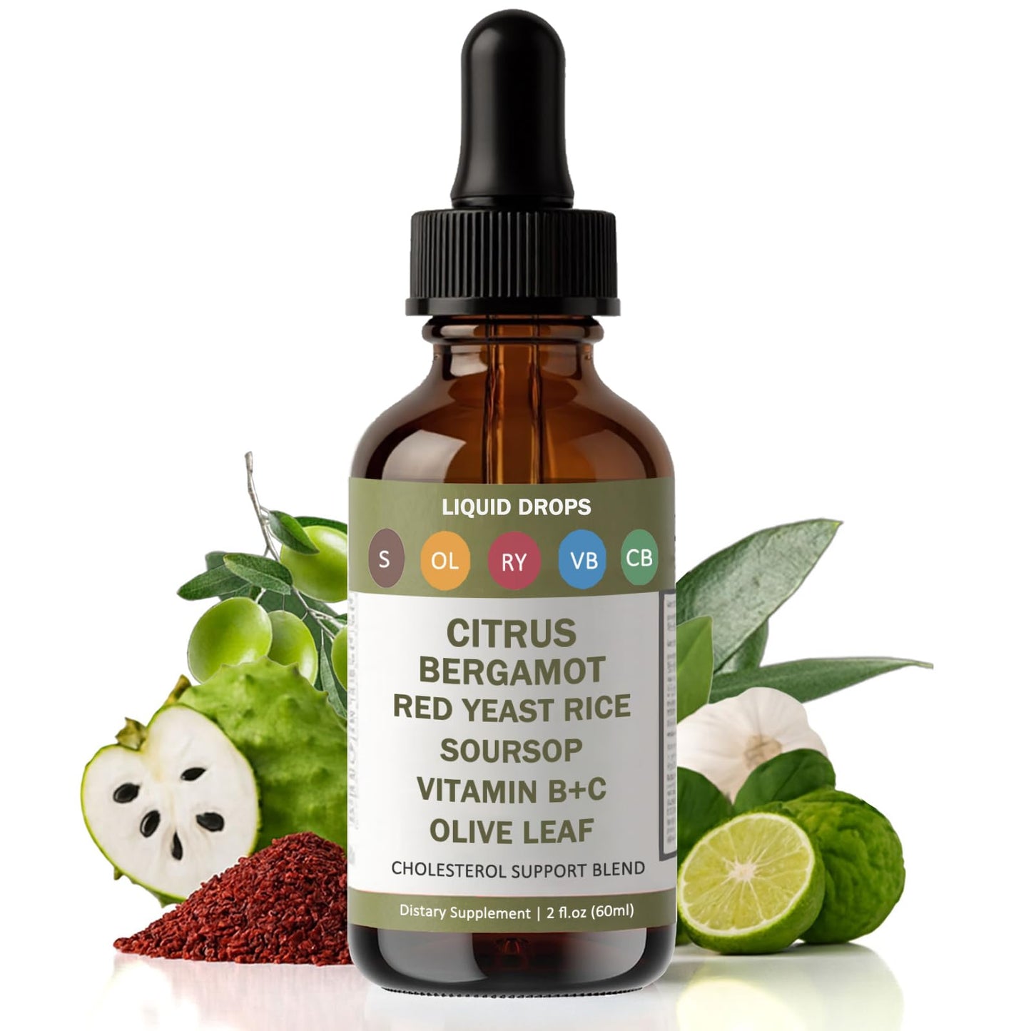 RESONA Red Yeast Rice Drops – Cholesterol Support Blend with Citrus Bergamot, Soursop, Olive Leaf & Vitamin B+C (2 fl oz) – Vegan & Non-GMO