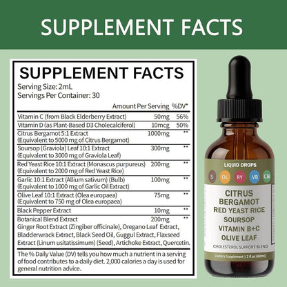 RESONA Red Yeast Rice Drops – Cholesterol Support Blend with Citrus Bergamot, Soursop, Olive Leaf & Vitamin B+C (2 fl oz) – Vegan & Non-GMO