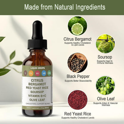 RESONA Red Yeast Rice Drops – Cholesterol Support Blend with Citrus Bergamot, Soursop, Olive Leaf & Vitamin B+C (2 fl oz) – Vegan & Non-GMO