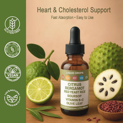 RESONA Red Yeast Rice Drops – Cholesterol Support Blend with Citrus Bergamot, Soursop, Olive Leaf & Vitamin B+C (2 fl oz) – Vegan & Non-GMO