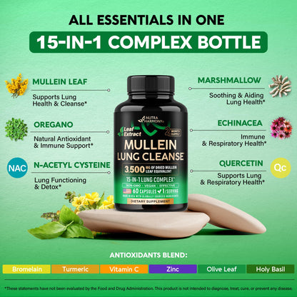 Mullein Leaf Extract for Lung Detox – 15-in-1 Lung Support (USA Made) | Smokers Cleanse