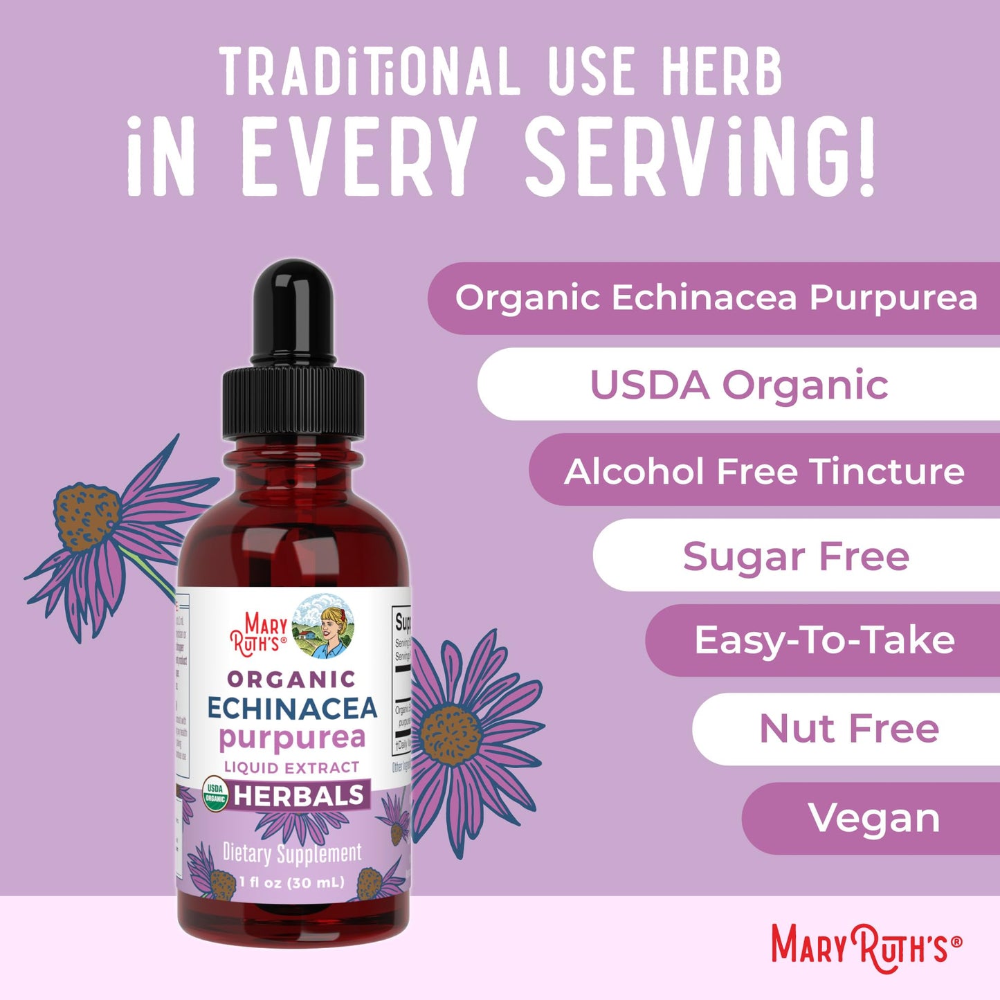 MaryRuth Organics Echinacea Purpurea Liquid | Immune Support Drops | USDA Organic | 1 Fl Oz