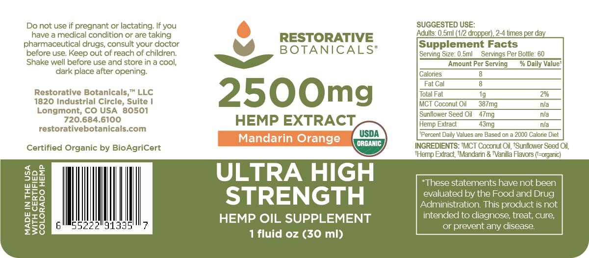 Restorative Botanicals Hemp Oil 2500mg Mandarin Orange - 60 Servings