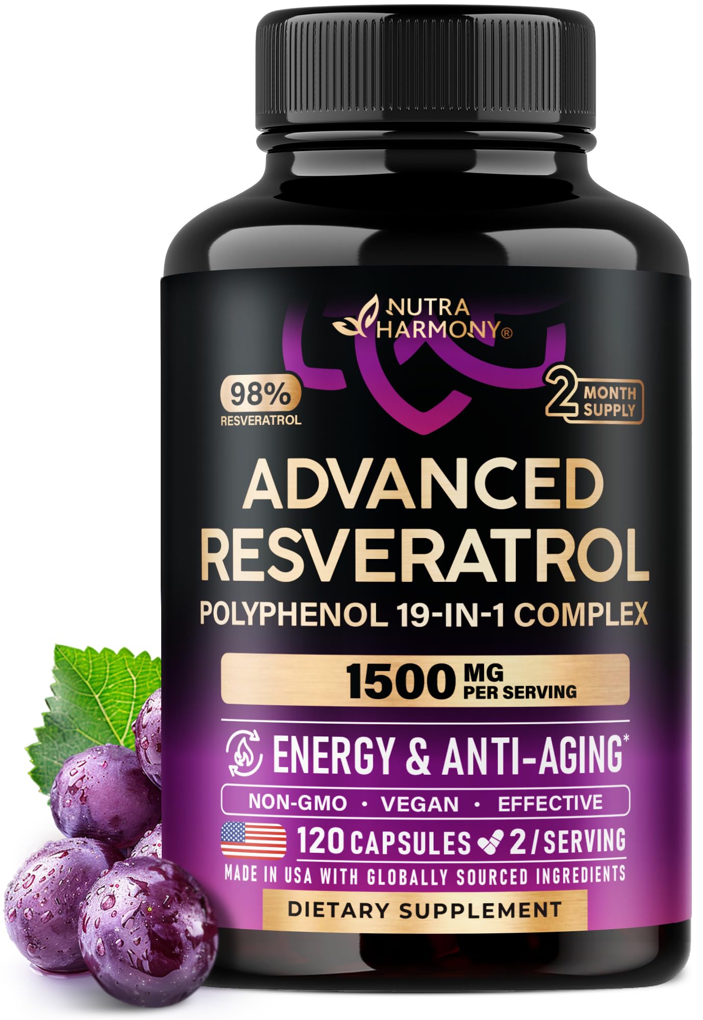 Resveratrol 19-in-1 Polyphenol Complex – Made in USA – 120 Capsules