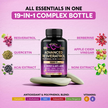 Resveratrol 19-in-1 Polyphenol Complex – Made in USA – 120 Capsules