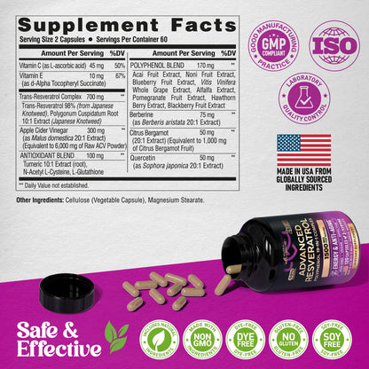 Resveratrol 19-in-1 Polyphenol Complex – Made in USA – 120 Capsules