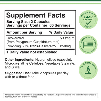 Resveratrol 500mg Supplement – 120 Capsules | 50% Trans-Resveratrol | Double Wood