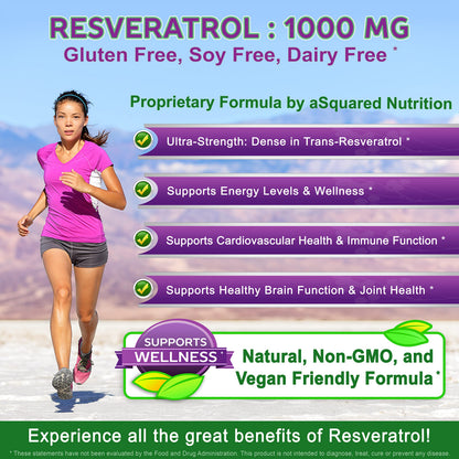 100% Natural Resveratrol 1000mg/Serving | 180 Capsules | Heart Health