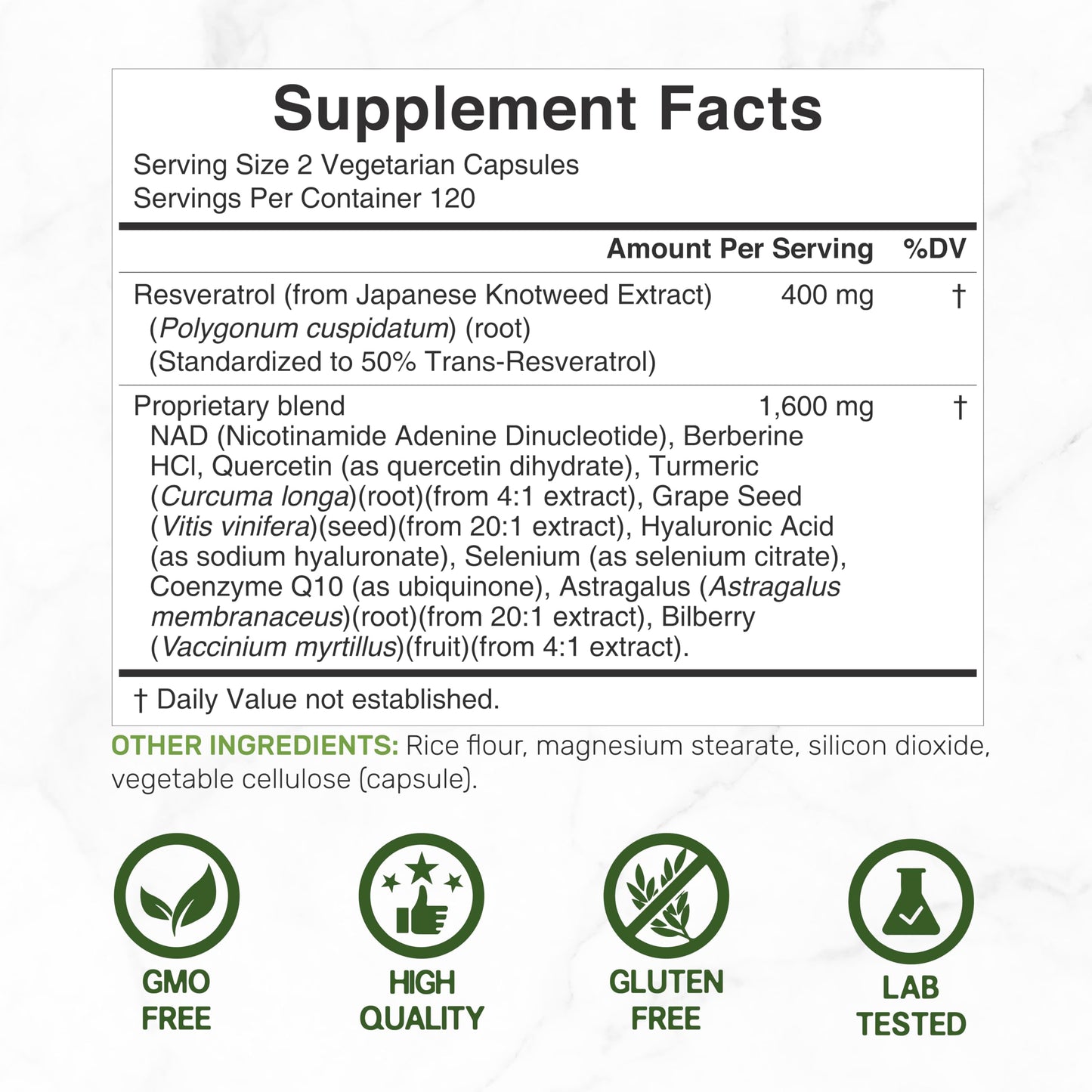 Resveratrol Complex 2000mg – 240 Veggie Capsules | NAD, Quercetin & More