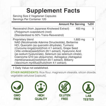 Resveratrol Complex 2000mg – 240 Veggie Capsules | NAD, Quercetin & More