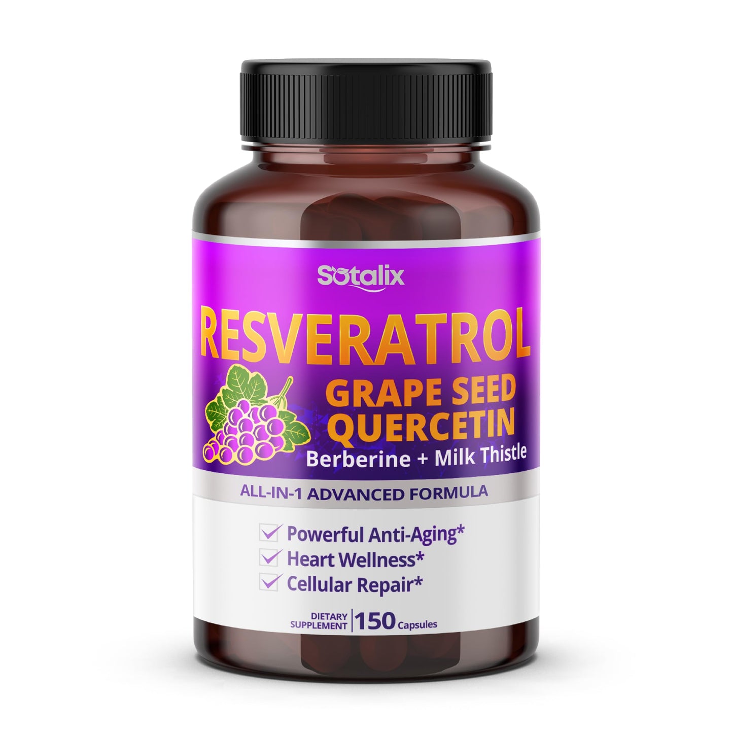 Resveratrol with Grape Seed + Quercetin, Berberine & Milk Thistle - USA Made