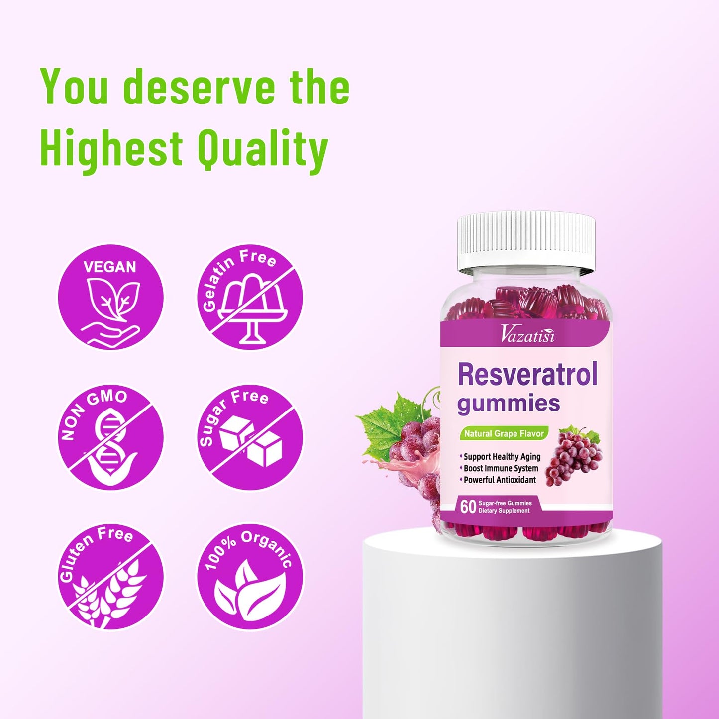 Resveratrol Gummies 98% Trans-Resveratrol + Quercetin, CoQ10, Vitamin C – 120 Gummies