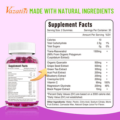 Resveratrol Gummies 98% Trans-Resveratrol + Quercetin, CoQ10, Vitamin C – 120 Gummies