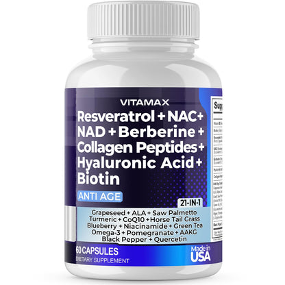 Resveratrol NAD+ Berberine Hyaluronic Acid 21-in-1 Hair, Skin, Nail & Joint Supplement – Made in USA (60 Count)