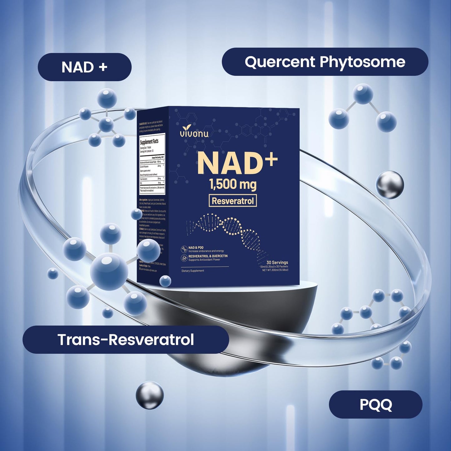NAD Liquid Supplement 1500mg - Extra Strength NAD+ with Nicotinamide Riboside, Quercetin Phytosome, Resveratrol & PQQ (30 Pack, Berry Flavor)