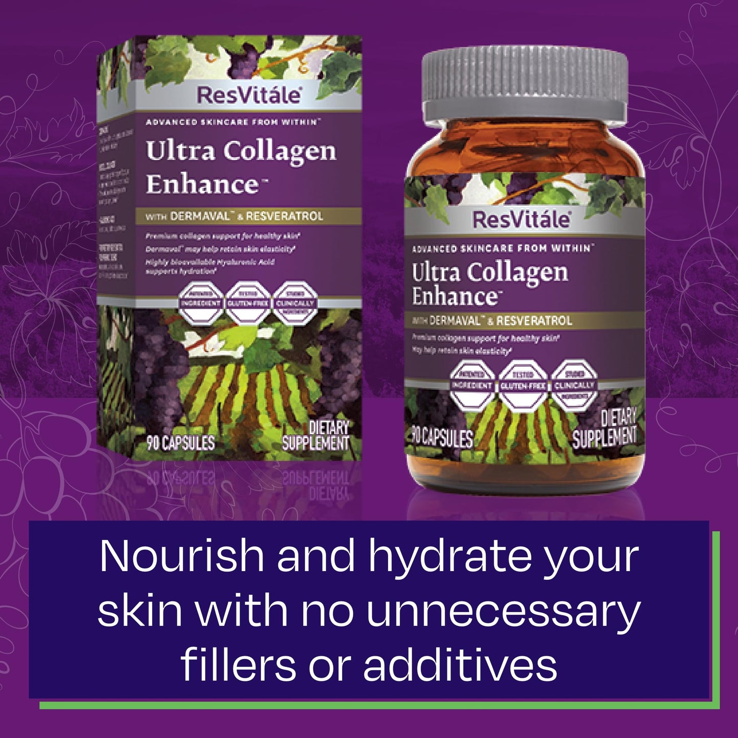 ResVitale Ultra Collagen Enhance - Skin Care Supplement with Resveratrol - 90 Veggie Capsules