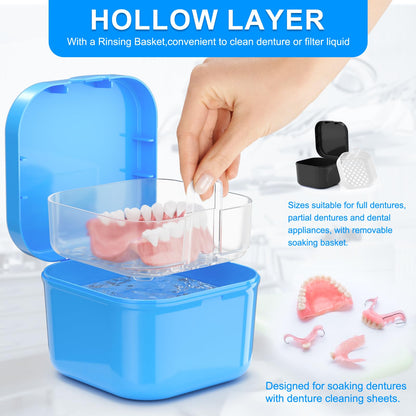 2 Pack Denture Bath Case with Strainer Basket | Retainer & Aligners Case