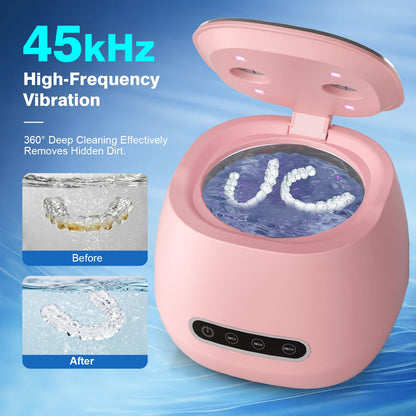 Rechargeable Ultrasonic Retainer Cleaner – 45kHz, 200ml, Portable Pink