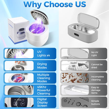 Retainer Cleaner 45kHz Ultrasonic – Dentures, Aligners, Jewelry, Portable (6 Modes)