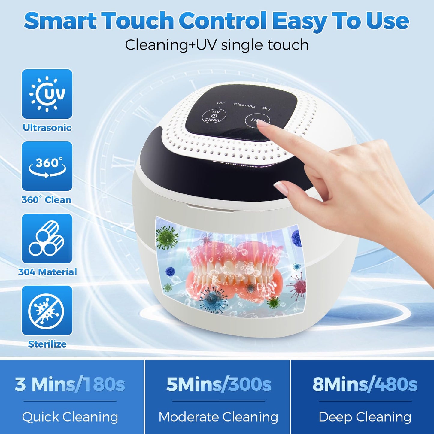 Retainer Cleaner 45kHz Ultrasonic – Dentures, Aligners, Jewelry, Portable (6 Modes)