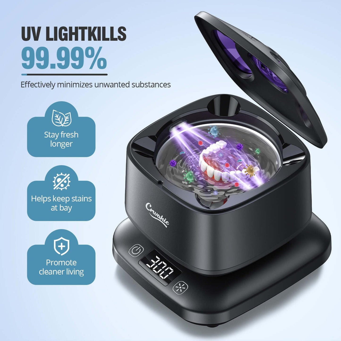 Ultrasonic Retainer Cleaner 45kHz - 3 Modes, Visible Window, Digital Timer - Black