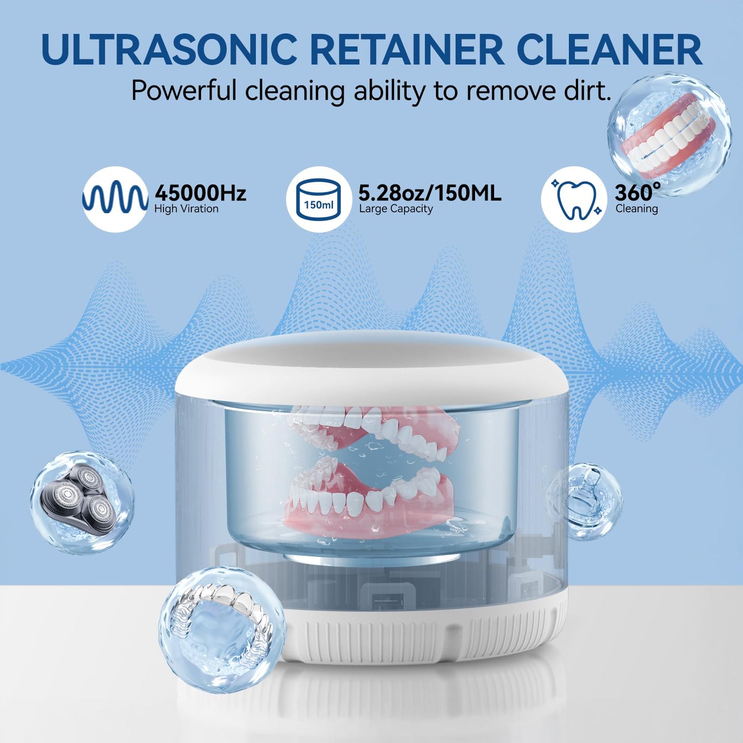 Retainer Cleaner Machine - Ultrasonic Dental Cleaner for Braces, Dentures, Pacifiers, Mouth Guards, Jewelry & Toothbrush Heads | 150ml Portable