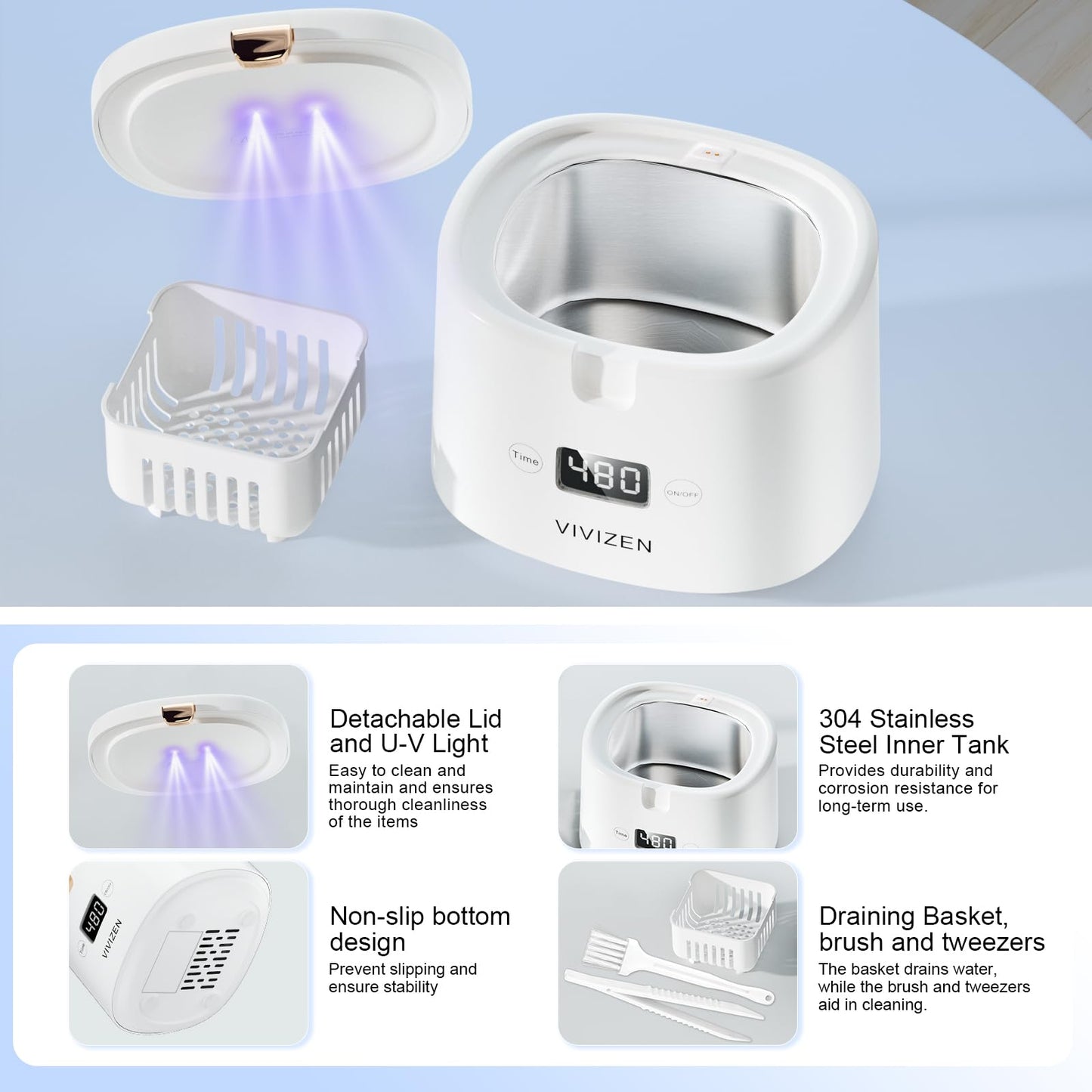 Ultrasonic Retainer Cleaner 30W/45kHz – Aligners, Braces, Dentures (White) | VIVIZEN