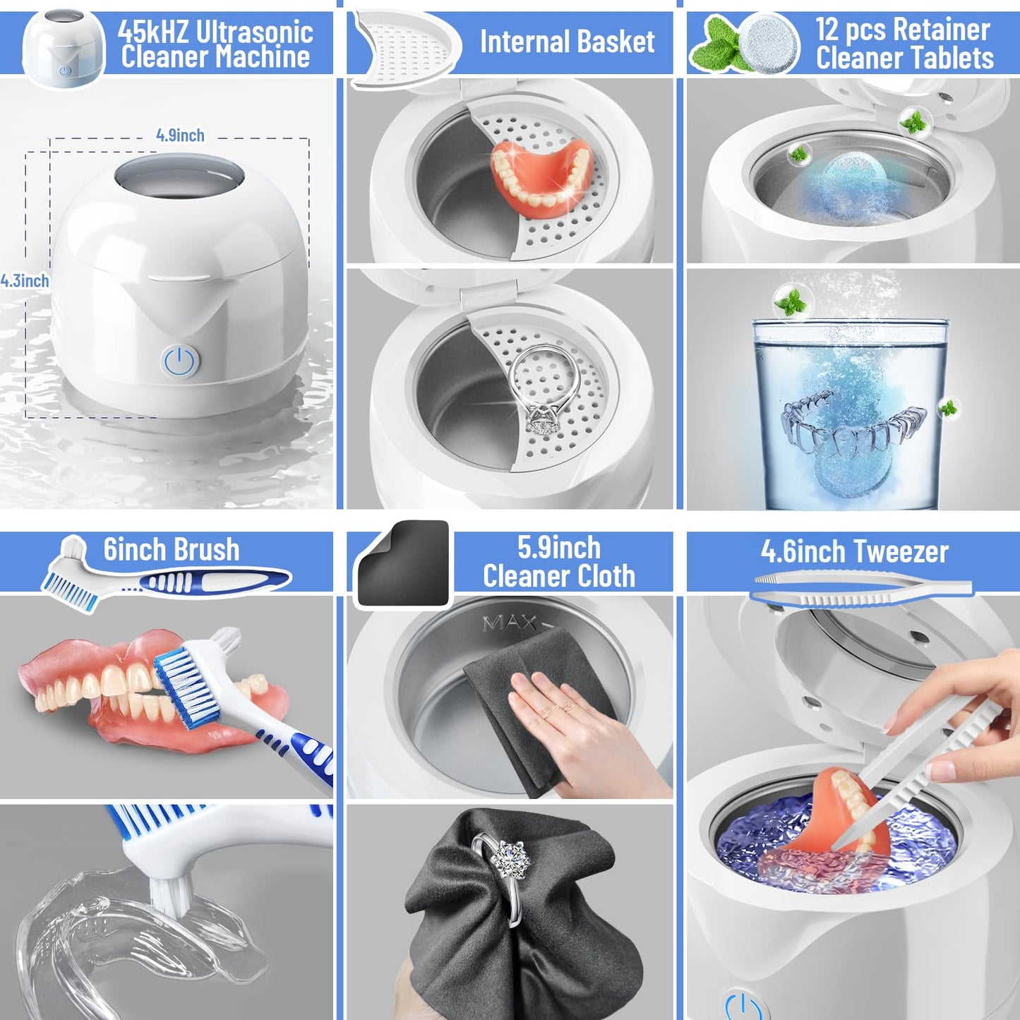 Ultrasonic Retainer Cleaner with Tablets and Brush Kit - UV Sonic Cleaner