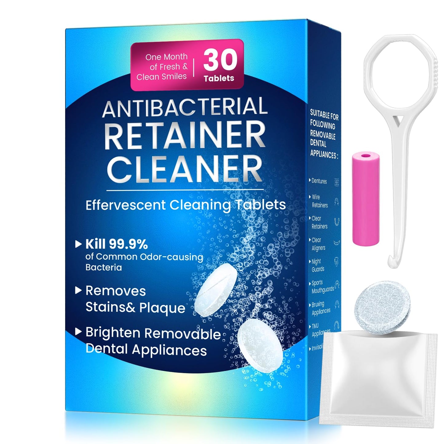 Retainer Cleaner Tablets for Invisalign – Sulphate-Free Effervescent Cleaner with Aligner Tools